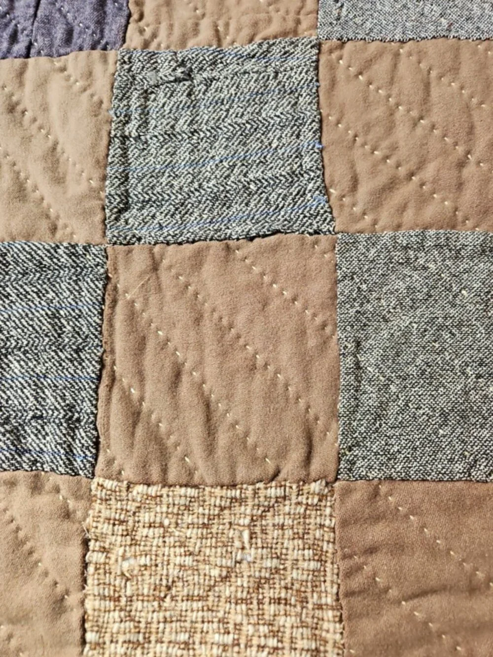 Antique 1920s Mens Wool Scrap Hand Sewn Quilt Stripe Ticking Back Yarn 58 x 75.5